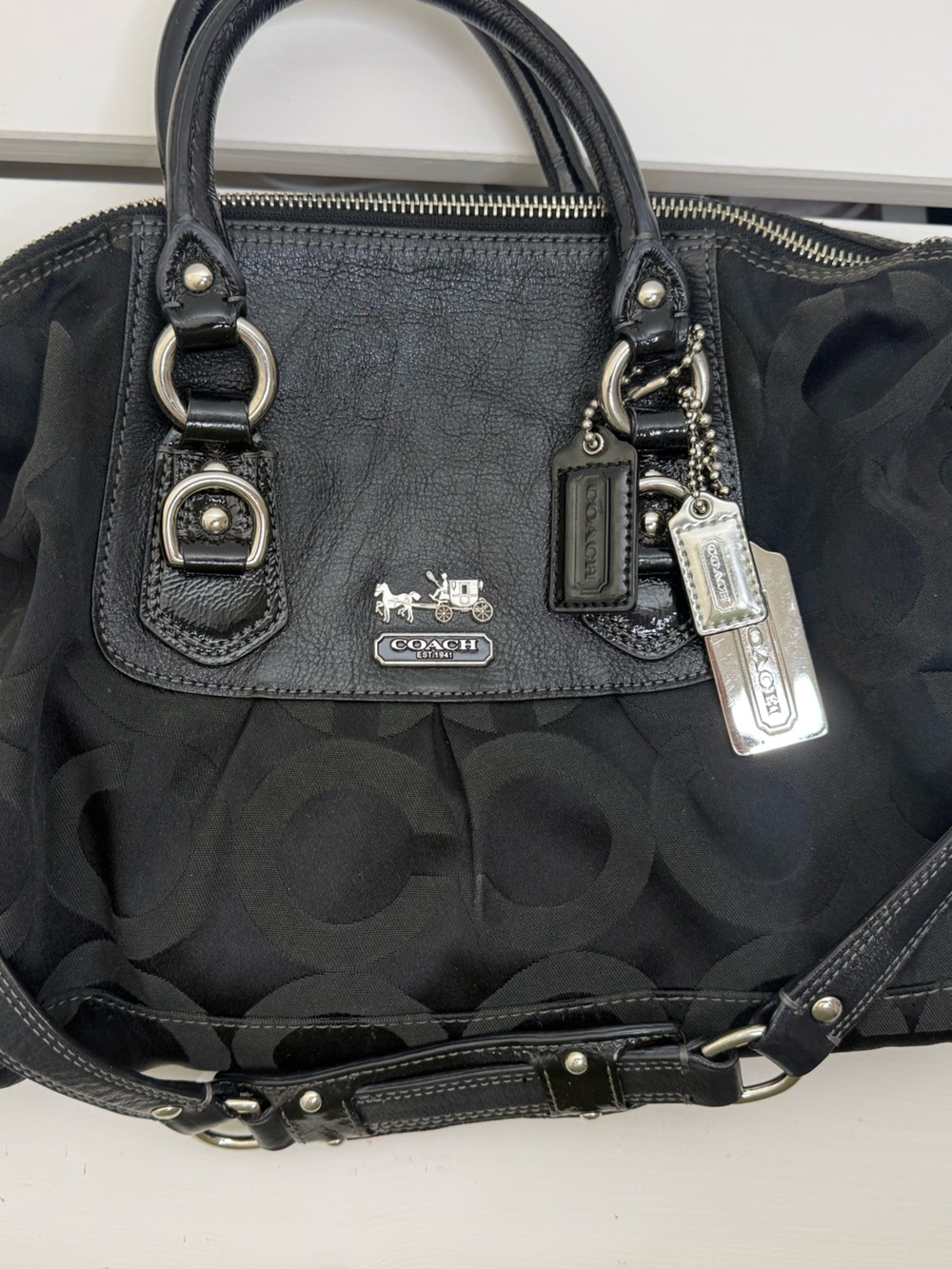 Coach Black Signature Canvas & Leather Shoulder Bag with Silver Hardware